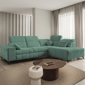 Rohová pohovka s funkcí spaní Penejos VII zelená pravostranná stylová rohová pohovka s úložným prostorem na lůžkoviny pohodlné polohovatelné opěrky hlavy