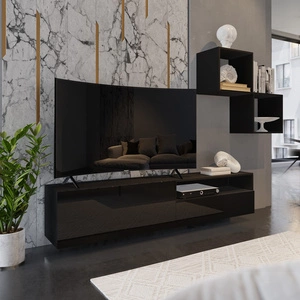 Mesini černá / černý lesk Moderní nástěnná skříňka do obývacího pokoje Praktický systém zásuvek s otevíráním push to open