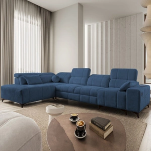 Rohová pohovka s funkcí spaní Penejos XI modrá levá pohodlná rohová pohovka s nastavitelnými opěrkami hlavy a dvěma přihrádkami na lůžkoviny