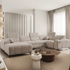 Rohová sedací souprava s funkcí spaní Penejos IV tmavě béžová levá stylová rohová sedací souprava se dvěma lůžkovinami odolná tkanina