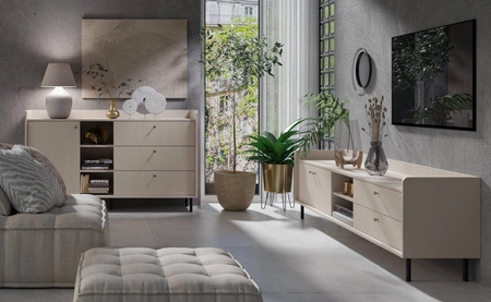 RTV skříňka Ferdi 210 cm béžová písková minimalistický design skříňky se zásuvkami elegantní zlaté úchytky a vysoké horní ráfky