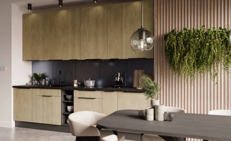 Sada kuchyňského nábytku Corsico 300 cm elegantní kuchyňské skříňky s kovovými hranami úchytek skříňka s nákladním košem