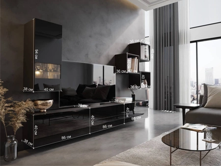 Nástěnná skříňka Peritia černá / černý lesk Minimalistický design nástěnné skříňky pro obývací pokoj nebo zasedací místnost Systém push to open