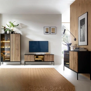 Nábytková sestava Amma černá / dub wotan netradiční design push to open systém prosklené prvky nástěnné skříňky vkusné rýhované fronty