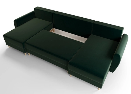 Rohová sedací souprava s funkcí spaní Rovigo U bottle zelená elegantní a pohodlná rohová sedací souprava ve skandinávském tvaru velká přihrádka na lůžkoviny