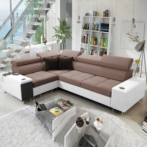 Rohová sedací souprava s funkcí spaní Dafni II světle hnědá / bílá levá rozkládací pohovka se zásuvkou na lůžkoviny v boční části nábytku