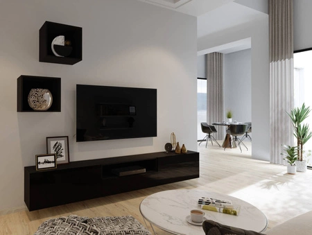 Mistra černá / lesklá černá univerzální a stylová nástěnná skříňka do obývacího pokoje minimalistický design v moderním prostředí