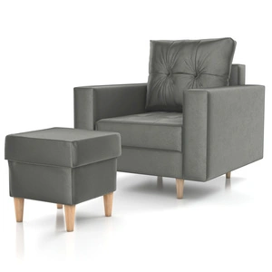 Křeslo s podnožkou Vaso šedé pohodlné křeslo do obývacího pokoje ve skandinávském stylu měkký sedák vysoké dřevěné nohy