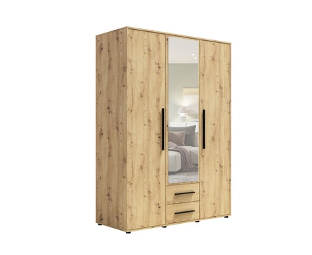Zrcadlová šatní skříň Maxione 150 cm dub řemeslný funkční šatní skříň do ložnice, pokoje pro mládež nebo předsíně obohacená o zásuvky