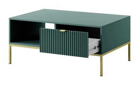 Konferenční stolek Lovro pastelově zelený se zásuvkami moderní design deska odolná proti polití zlaté kovové nohy