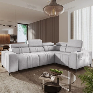 Rohová sedací souprava s funkcí spaní Castel II šedý jasan pravá pohodlná rohová sedací souprava s polohovatelnými opěrkami hlavy kontejner na lůžkoviny