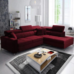 Rohová sedací souprava s funkcí spaní Nausa III bordó sametová pravá stylová pohodlná rohová sedací souprava nastavitelné opěrky hlavy nádoba na lůžkoviny