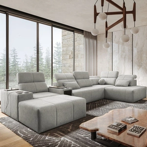 Rohová sedací souprava s funkcí spaní Tesalia V šedý jasan levá pohodlná rohová sedací souprava se zásuvkou a funkcí posuvného opěradla