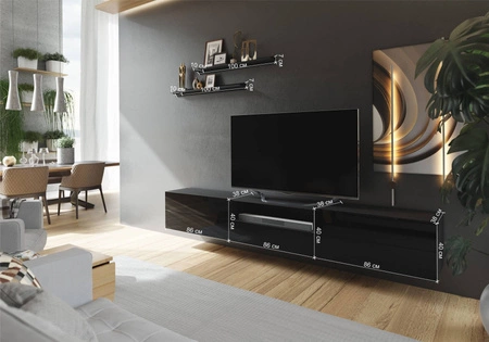 Závěsná RTV skříňka Lutra 258 cm černá / lesklá černá s policemi stylová designová TV skříňka s vysoce lesklými čely