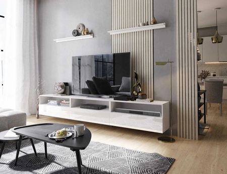 Kaires 258 cm bílá / bílá lesklá nástěnná skříňka RTV s policemi elegantní a stylový design, který se hodí do každého interiéru