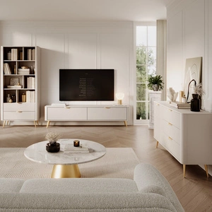 Nábytková sestava Lante béžové designové drážkování na čelech nábytku kovové úchytky na hranách a vysoké šikmé nohy