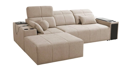 Rohová sedací souprava s funkcí spaní Tesalia béžová levá moderní design pohodlný posuvný opěrák zásuvka v boku nábytku