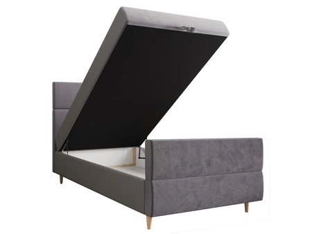 Kontinentální postel Benet 100x200 světle šedá v moderním skandinávském stylu s čalouněným čelem a nohou postele s úložným boxem