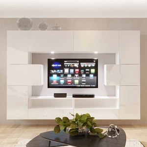 Nábytková stěna Servia bílá / bílý lesk stylový bezúchytkový designový nábytek do obývacího pokoje nebo zasedací místnosti