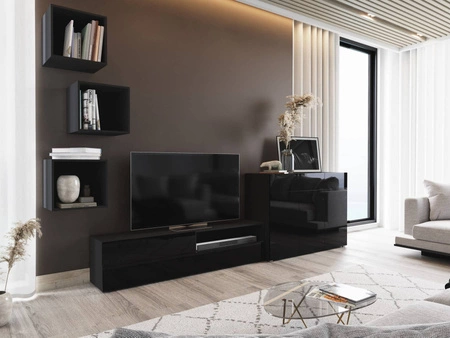 Nástěnná skříňka Aridea černá / černý lesk minimalistický design v moderním prostředí univerzální a funkční nábytek do obývacího pokoje
