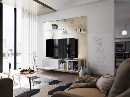 Nástěnná TV skříňka Astros 180 cm bílá / bílý lesk s policemi minimalistický a elegantní design, který se hodí do každého interiéru