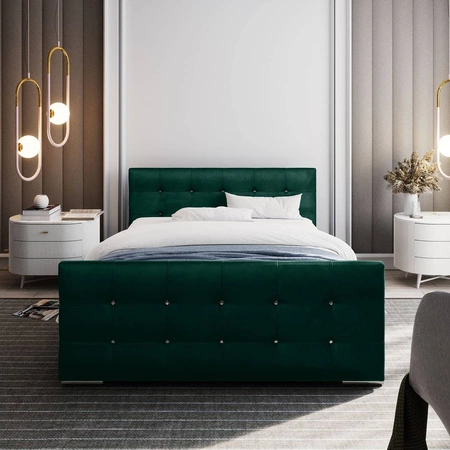 Čalouněná postel Alford 160x200 lahvově zelená s úložným prostorem v moderním skandinávském stylu s prošívaným čelem a nohama s povrchovou úpravou krystaly