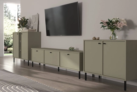 Nábytek Kioto II eukalyptus stylový designový nábytek do obývacího pokoje elegantní nábytek podepřený kovovými černými nohami decentní úchytky