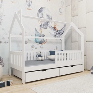 Dřevěná postel Timon 80x200 cm bílá moderní design dětský domeček postel z masivního borovicového dřeva prostorné zásuvky