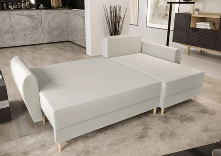 Rohová sedací souprava s funkcí spaní Rovigo Krémová pravá rohová sedací souprava ve skandinávském stylu Velký prostor na lůžkoviny