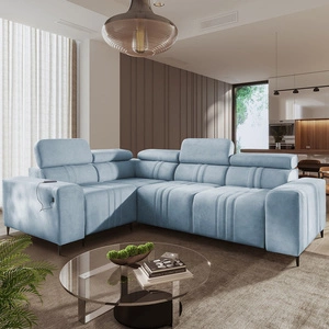 Rohová pohovka s funkcí spaní Castel II modrá levá pohodlná rohová pohovka s nastavitelnými opěrkami hlavy kontejner na lůžkoviny