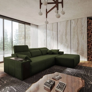 Rohová sedací souprava s funkcí spaní Tesalia zelená pravá strana moderní design pohodlné posuvné opěradlo zásuvka v boku nábytku