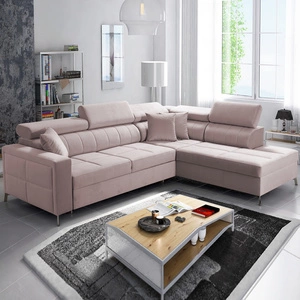 Rohová sedací souprava s funkcí spaní Nausa III pudrově růžová pravá sametová stylová pohodlná rohová sedací souprava nastavitelné opěrky hlavy kontejner na lůžkoviny