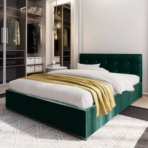 Čalouněná postel Mona 140x200 lahvově zelená s kontejnerem v moderním skandinávském stylu s prošívaným podhlavníkem s krystaly