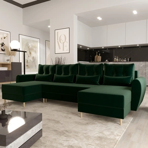 Rohová sedací souprava s funkcí spaní Rovigo U bottle zelená elegantní a pohodlná rohová sedací souprava ve skandinávském tvaru velká přihrádka na lůžkoviny