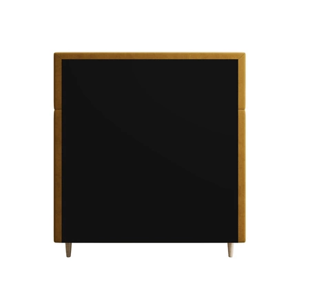 Kontinentální postel Benet 90x200 hořčice v moderním skandinávském stylu s čalouněným podhlavníkem a podnožkou s úložným boxem