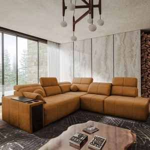 Rohová sedací souprava s funkcí spaní Tesalia IX honey right moderní design pohodlný posuvný opěrák zásuvka v boku nábytku