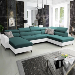 Rohová sedací souprava s funkcí spaní Savona VI tyrkysová / bílá levá elegantní a pohodlná rohová sedací souprava do obývacího pokoje dvě nádoby na lůžkoviny