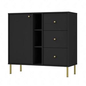 Zásuvková komoda Kioto II 100 cm černá grafitová moderní design praktické police zlaté úchyty stabilní kovová základna