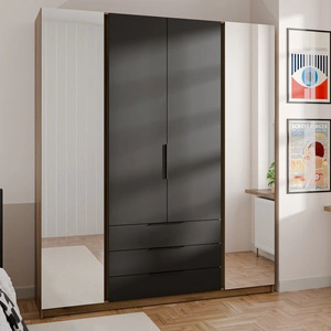 Zrcadlová šatní skříň Kastano II 200 cm dub evoke / černá klasická forma úchytky na hraně ideální šatní skříň do ložnice prostorné zásuvky