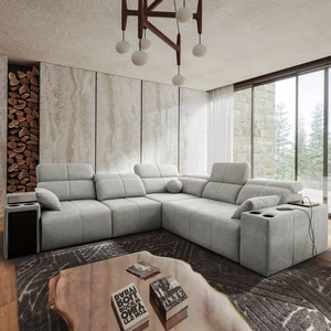 Rohová sedací souprava s funkcí spaní Tesalia III šedý jasan levá pohodlná rohová sedací souprava s posuvným opěradlem dvě nádoby na lůžkoviny