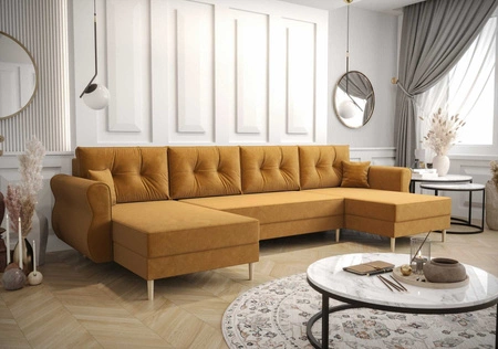 Rohová pohovka s funkcí spaní Wilkins U mustard pohodlná rohová pohovka měkká látka moderní design, který se hodí do každého interiéru