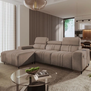 Rohová rozkládací pohovka s funkcí spaní Castel světle hnědá levý roh pohodlná a stylová rozkládací pohovka s kontejnerem na lůžkoviny