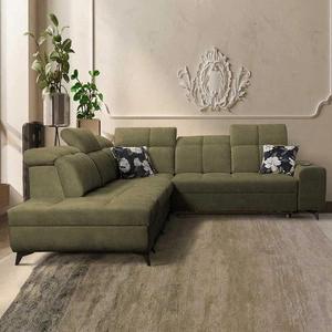 Rohová sedací souprava s funkcí spaní Buffalo IX olivová levá stylová rohová sedací souprava do pokoje z velurové tkaniny dekorativní polštáře