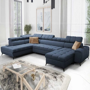 Rohová pohovka s funkcí spaní Bolmso VI modrá pravá pohodlná rohová pohovka s nastavitelnými opěrkami hlavy dekorativní prošívání na sedáku