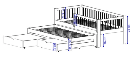 Dětská postel Tori 80x200 cm bílá Dvoumístná rozkládací postel do dětského pokoje Masivní konstrukce Dětská postel z masivního borovicového dřeva