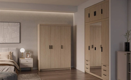 Šatní skříň Rene 133 cm, olejovaný dub Stylová šatní skříň do ložnice s jednoduchým klasickým designem a kontrastními černými úchytkami