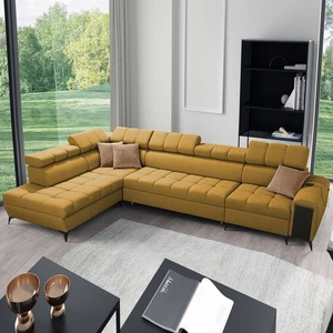 Rohová rozkládací pohovka s funkcí spaní Bolmso XI hořčice levá strana stylový design rohová rozkládací pohovka se zásuvkou a koši na lůžkoviny