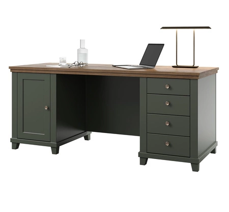 Psací stůl se zásuvkami Evora 180 cm láhev zelená / dub lefkas vkusným designem potěší milovníky výrazných interiérů do pracovny nebo kanceláře