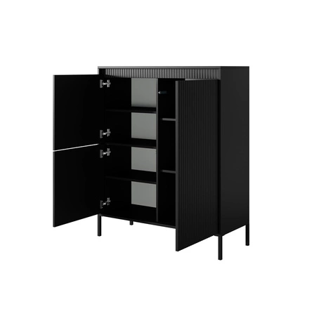 Sesti 104 cm vysoká komoda černá designová komoda s originálním designem na stabilním kovovém podstavci