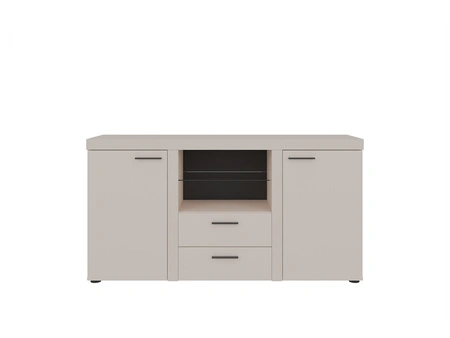 Komoda Rene 156 cm pískově béžová elegantní a univerzální styl komody do obývacího pokoje vkusné černé úchyty